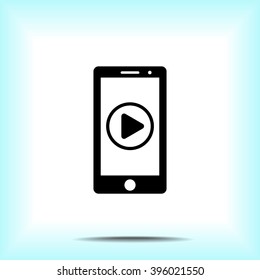Mobile phone with play button sign icon, vector illustration. Flat design style