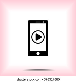 Mobile phone with play button sign icon, vector illustration. Flat design style