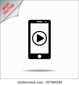 Mobile phone with play button sign icon, vector illustration. Flat design style