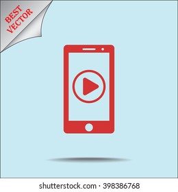Mobile phone with play button sign icon, vector illustration. Flat design style