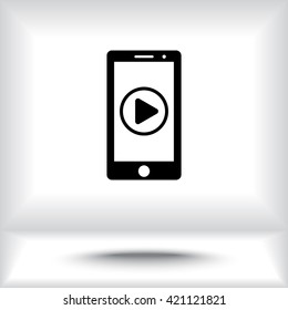 Mobile phone with play button sign icon, vector illustration. Flat design style