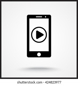 Mobile phone with play button sign icon, vector illustration. Flat design style