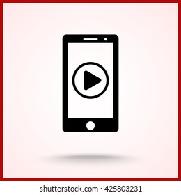 Mobile phone with play button sign icon, vector illustration. Flat design style