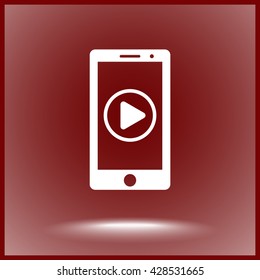 Mobile phone with play button sign icon, vector illustration. Flat design style