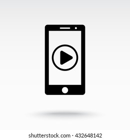 Mobile phone with play button sign icon, vector illustration. Flat design style