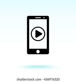 Mobile phone with play button sign icon, vector illustration. Flat design style
