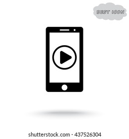 Mobile phone with play button sign icon, vector illustration. Flat design style