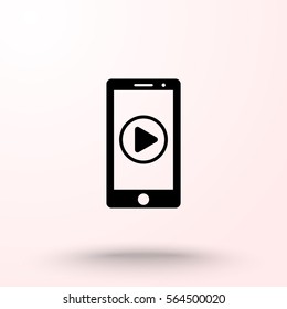 Mobile phone with play button sign icon, vector illustration. Flat design style