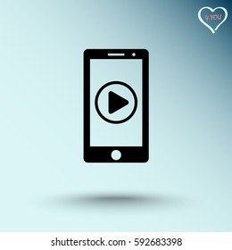 Mobile phone with play button sign icon, vector illustration. Flat design style