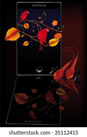 mobile phone  player headphones an ornament from leaves and a birds