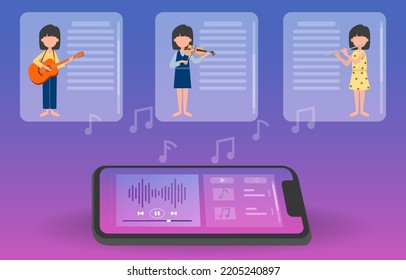 Mobile Phone Playing Music With Details Of Instruments, Flute, Violin And Guitar On Metaverse Screen. Vector Illustration Of The Future. Eps 10.
