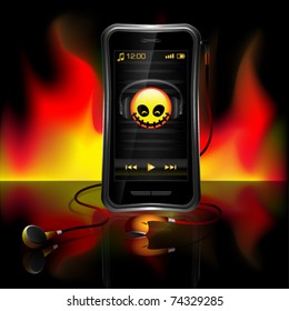 mobile phone playing music with flame background