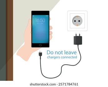 A mobile phone plugged in and disconnected from the charger with a message not to leave chargers plugged in when not in use to avoid unnecessary power consumption.