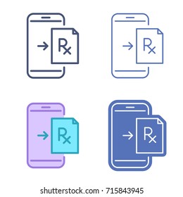 Mobile phone with prescription symbol. Rx document on the smartphone screen. Vector outline icon set. Telemedicine concept line symbols and pictograms. Thin contour infographic for web, presentations.