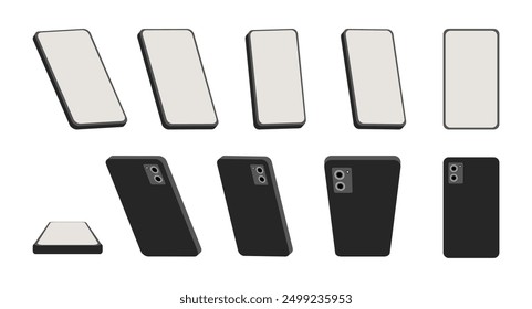 Mobile phone presentation, isolated smartphone with empty screen for mockup or advertisement. Vector gadget with copy space on display in different angles. Cellphone high quality device UI UX