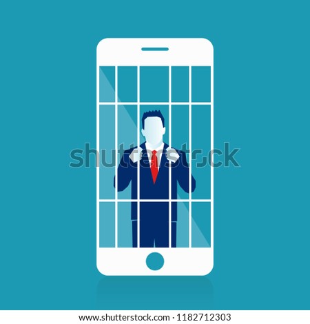 Mobile Phone Prisoner. Addicted to cellphone. Illustration of a unhappy character prisoner from his smart phone mobile, symbolizing danger of being enslaved by new technology. Eps Vector illustration.