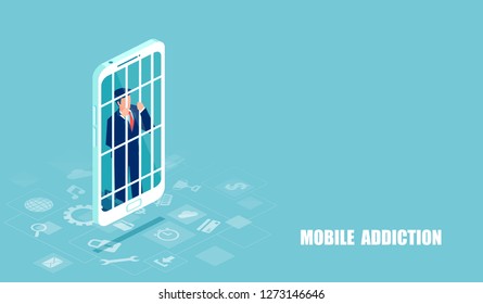 Mobile phone prisoner and addiction concept. Vector of a businessman addicted to cellphone. Unhappy character inside smart phone, as symbol of danger of being enslaved by technology.
