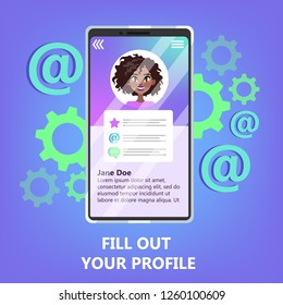 Mobile phone with profile in social network on it. Communication in internet. Avatar of user in blog. Isolated flat vector illustration