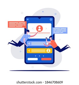 Perfiles de teléfono móvil, conceptos de datos de información de usuario con carácter. La gente construye el perfil del cliente en la aplicación para smartphones. Moderno estilo plano para página de inicio, aplicación móvil, imágenes de héroes.