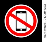 Mobile Phone prohibited. No cell phone sign, restricted area sign, Don't use mobile phone symbol, mobile sign. No mobilephone sign vector illustration, Warning Icon, No cell phone icon, no calling 
