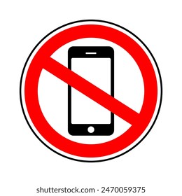 Mobile Phone prohibited. No cell phone sign, restricted area sign, Don't use mobile phone symbol, mobile sign. No mobilephone sign vector illustration, Warning Icon, No cell phone icon, no calling 