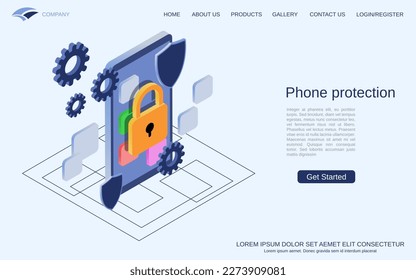 Protección de teléfonos móviles, seguridad informática, control de acceso 3d plano estilo isométrico vectorial ilustración de concepto