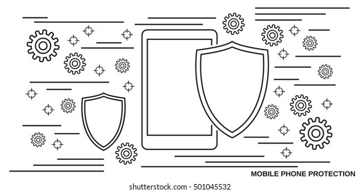 Mobile phone protection, computer security thin line art style vector web banner template