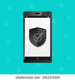 Mobile Phone Protection Security Shield, Internet Firewall Antivirus Concept - Vector Illustration - Isolated On Monochome Background