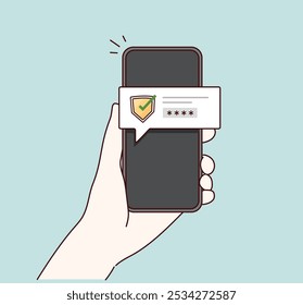 Telefone celular com ícone de escudo de proteção e tela de senha. Protegido por senha, Proteção de dados do usuário, acesso pessoal. Ilustrações de design de vetor de estilo desenhado à mão.