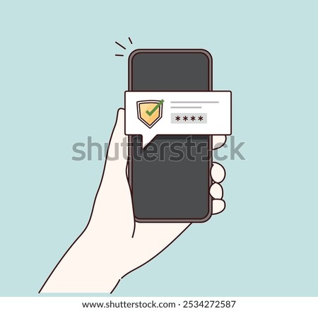 Mobile phone with protection shield icon and passcode screen. Password protected, User data protection, personal access. Hand drawn style vector design illustrations.