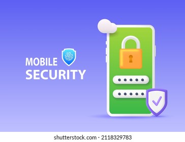 Mobile phone protection system. Smartphone security concept. Banner with phone, padlock, passcode and shield. Vector 3d illustration.