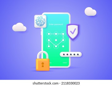 Sistema de protección de teléfonos móviles. Concepto de seguridad de smartphone. Cartel con teléfono, candado, código de acceso, escudo, escáner de huellas digitales y contraseña gráfica. Ilustración vectorial 3d.