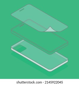 Mobile phone protection with transparent screen protector tempered glass and transparent phone case. Isometric vector illustration in outline style.