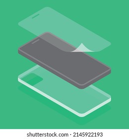 Mobile Phone Protection With Transparent Screen Protector Tempered Glass And Transparent Phone Case. Isometric Vector Illustration In Flat Style.