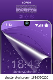 Mobile phone protective film advertising mockup on purple background. Vector graphics.