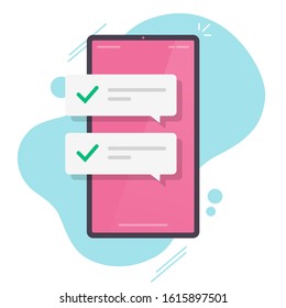 Mobile phone with push notifications or smartphone cellphone sms messages with updated checkmark ticks bubbles vector flat cartoon, idea of digital complete or accepted alerts