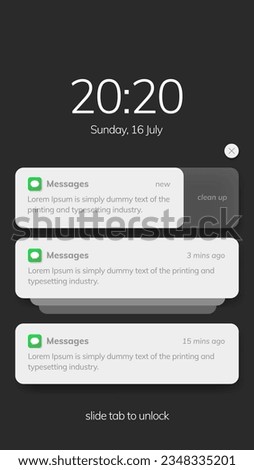 Mobile phone with push notifications or sms messages smartphone, mobile phone with updated check marks, bubbles, on dark background. 