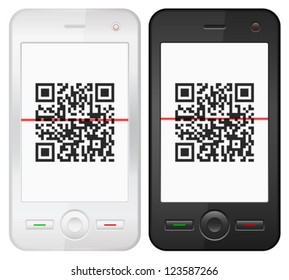 Mobile phone with QR bar code scanner on a white background.