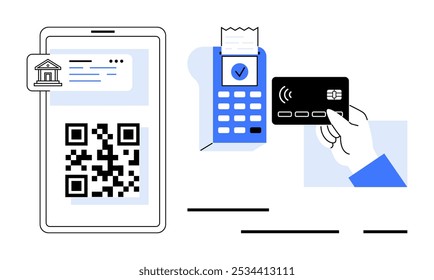 Telefone celular com código QR ao lado de um terminal de pagamento e cartão de crédito de mão. Ideal para pagamentos sem dinheiro, transações bancárias, compras, tecnologia e financeiras. Estilo de vetor plano, azul e preto