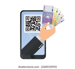 Código QR de teléfono móvil, transacción sin efectivo, vector de pago móvil.
