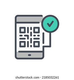 Mobile phone with QR code and check mark in circle color line icon. Approved QR code on smartphone vector outline colorful sign.