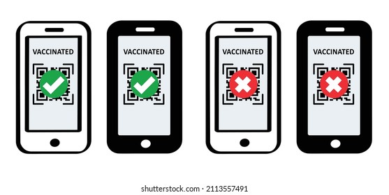 Escaneo vacunado con código QR de teléfono móvil. Salud, pasaporte de la vacuna, certificado de vacunación en pantalla de teléfono móvil. válido, verde o rojo no válido. concepto de seguridad.