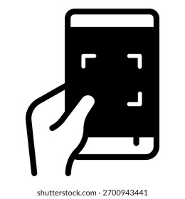 Mobile phone and qr-code scanning app on screen solid icon, touchscreen device concept, smartphone sign on white background, glyph style icon for mobile and web design. Vector graphics