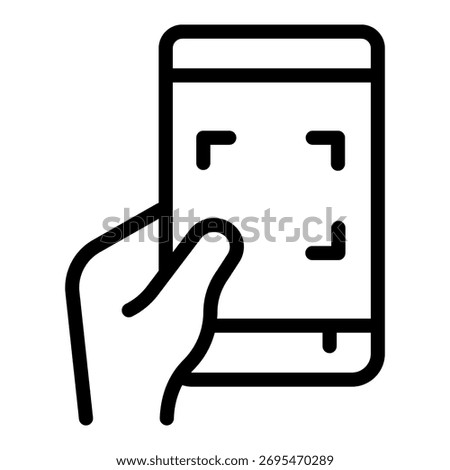 Mobile phone and qr-code scanning app on screen line icon, touchscreen device concept, smartphone sign on white background, outline style icon for mobile and web design. Vector graphics