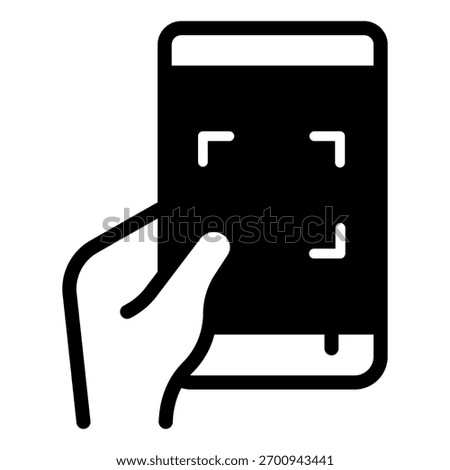 Mobile phone and qr-code scanning app on screen solid icon, touchscreen device concept, smartphone sign on white background, glyph style icon for mobile and web design. Vector graphics