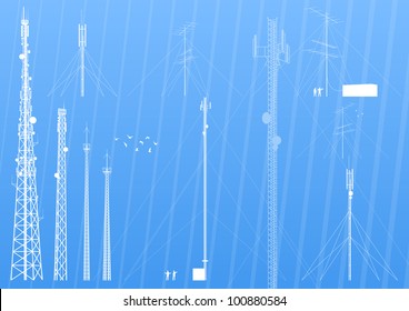 Mobile phone, radio, television, internet and army industrial broadcasting antennas silhouettes illustration collection background vector