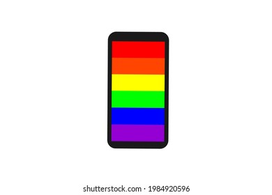 mobile phone with rainbow stripes screen LGBTQ symbol, concept of LGBTQ community equality movement, LGBTQ happy pride month.