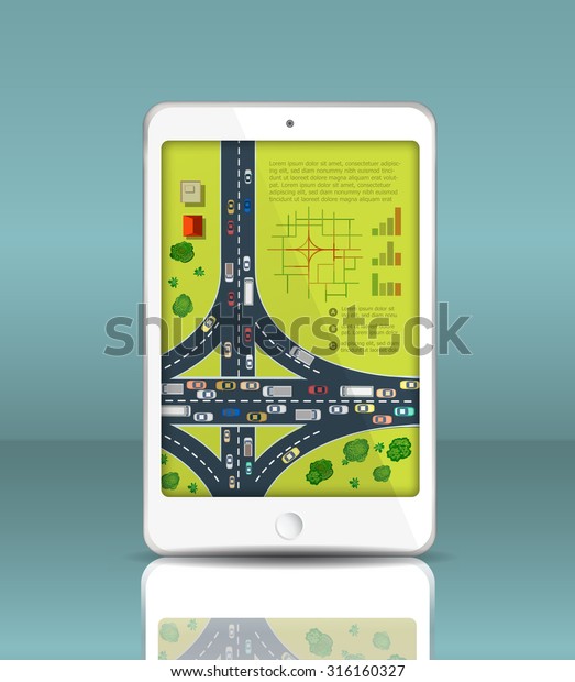 Mobile phone in a\
realistic style with reflection and highways with cars motion. Map\
of traffic vehicles.