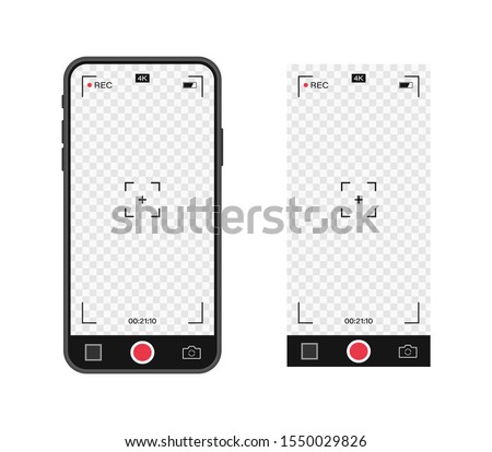 Mobile phone with record frame camera. Viewfinder template. 4K phone resolution video rec frame. Video recording screen. Vector graphic design.