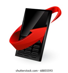 Mobile phone and red arrow. Vector